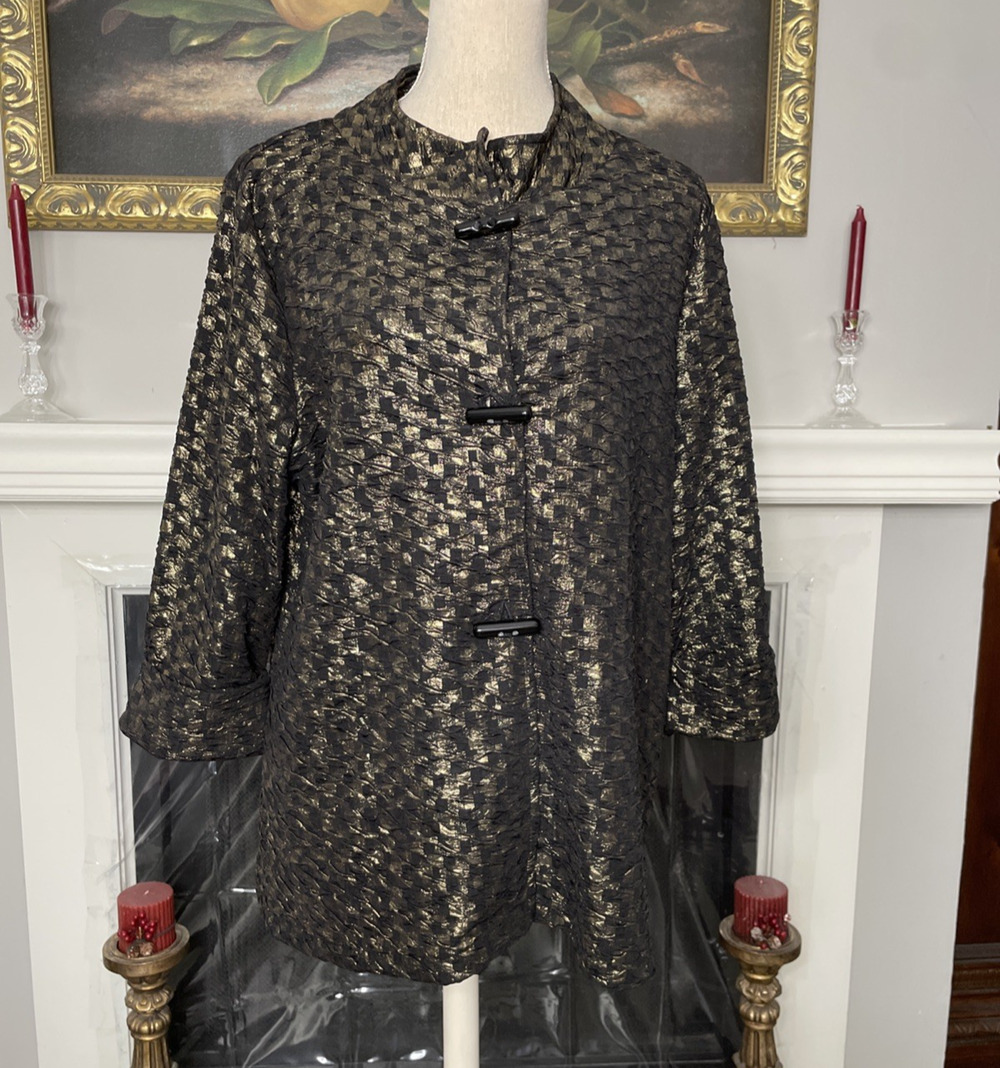 JM Collection Black Gold Textured Pattern Glam Jacket Large